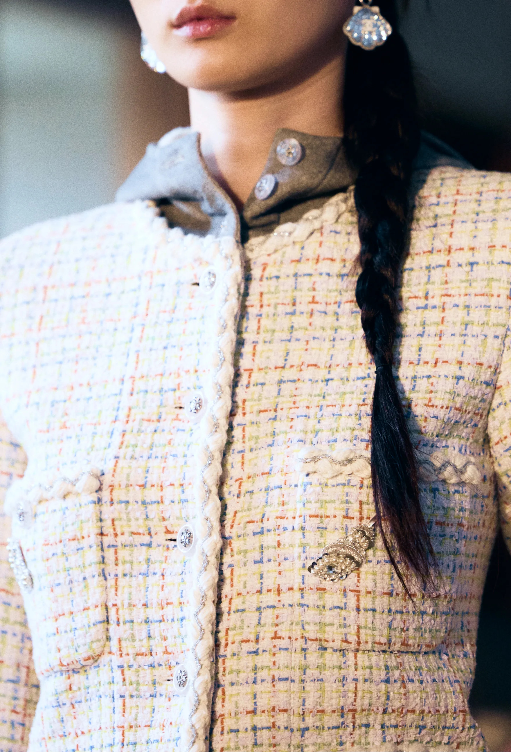 Jacket - Embroidered wool & cotton tweed, cotton & cotton jersey , white, silver & multicolor —... | Chanel, Inc. (US)