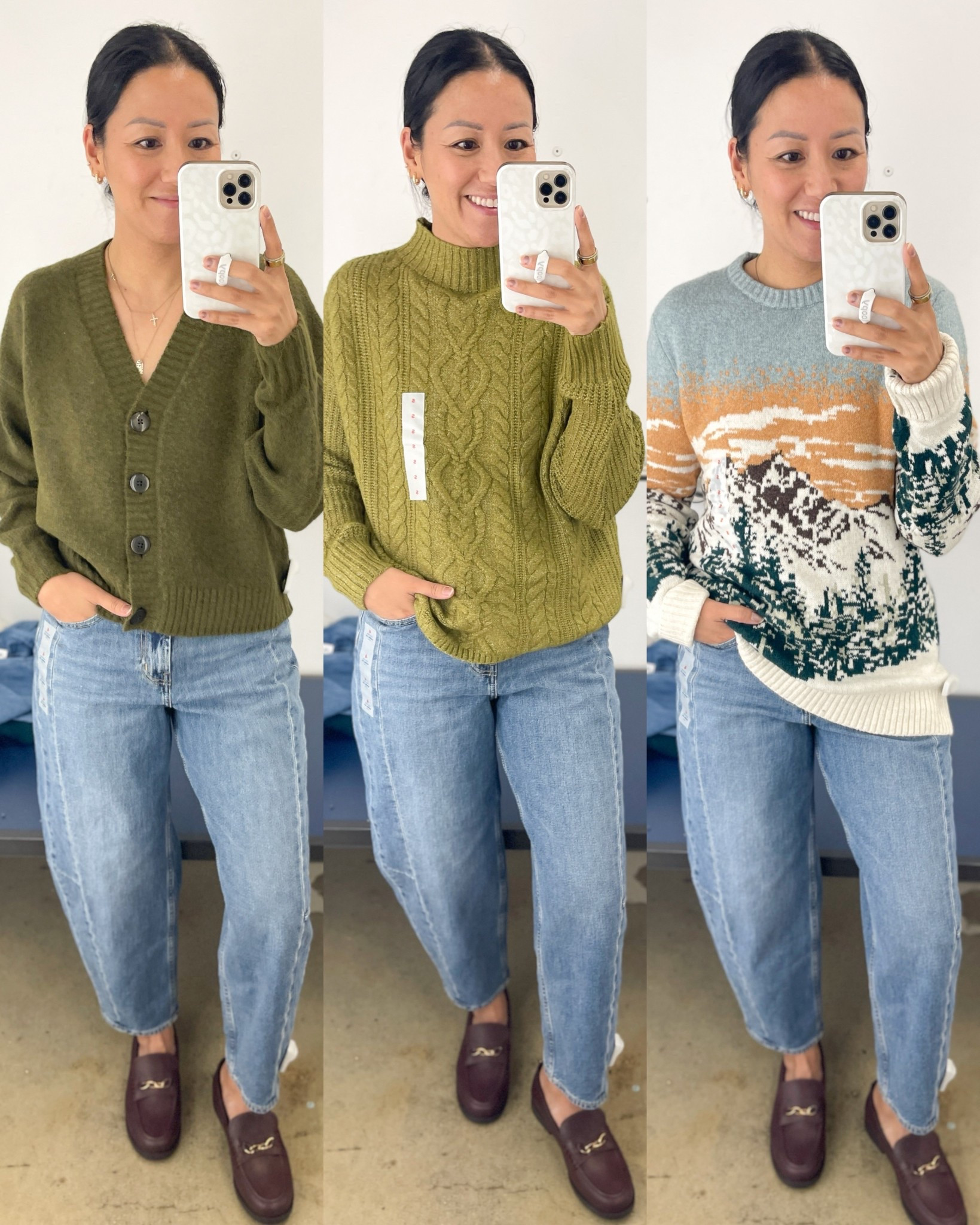 Size XS cardigan, size small mockneck and size small men’s sweater
Size 4 jeans
Loafers are true to size 

#LTKSeasonal #LTKFindsUnder50 #LTKOver40