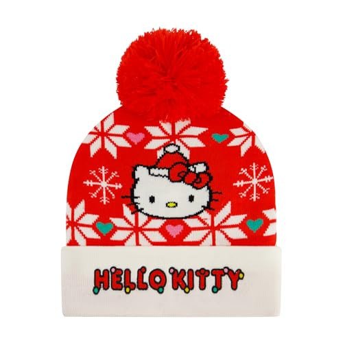 Hello Kitty Beanie Hat, Adult Women's Cuffed Knit Cap with Pom, Santa Hat Holiday Design, Red, One Size | Amazon (US)