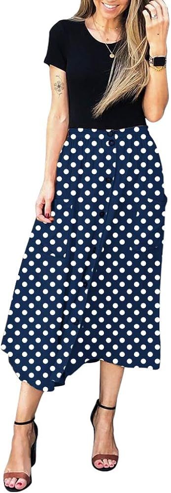 Exlura Womens Polka Dot A line Elastic Waist Button Up Midi Skirt with Pockets | Amazon (US)