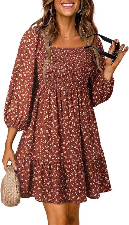 Dokotoo Womens Summer Fall Dresses 2024 Boho Floral Square Neck Smocked 3/4 Sleeve Casual A-Line ... | Amazon (US)