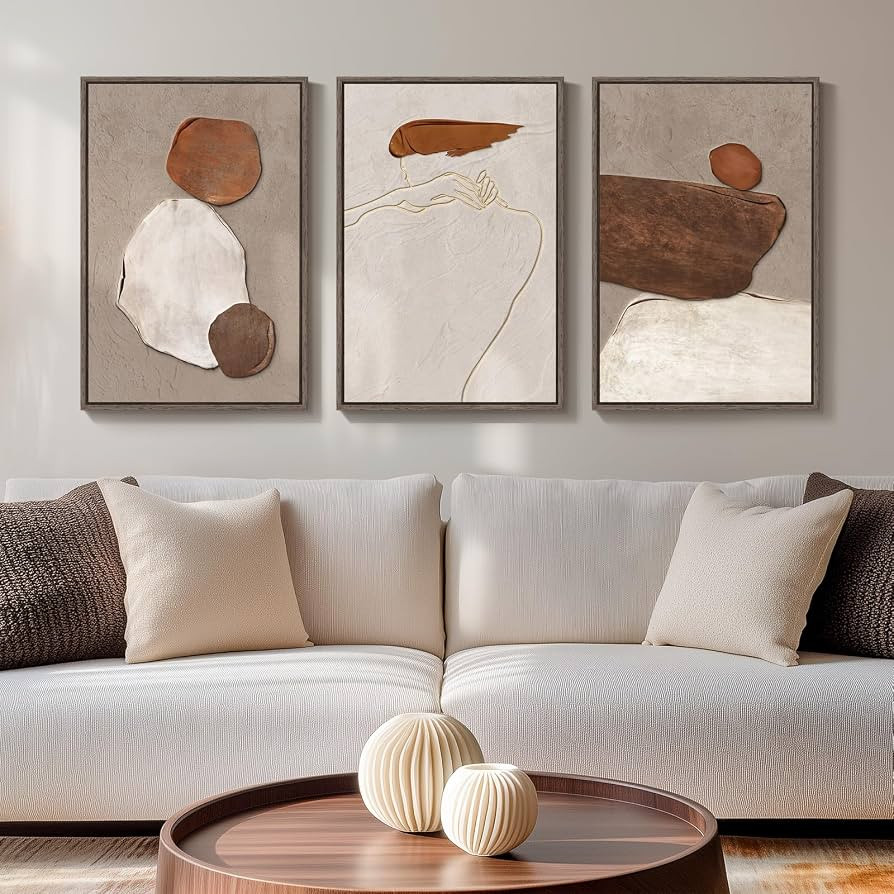 Framed Neutral Abstract Wall Art, 3 Piece Earth Tones Rustic Canvas Prints Paintings Artwork for ... | Amazon (US)