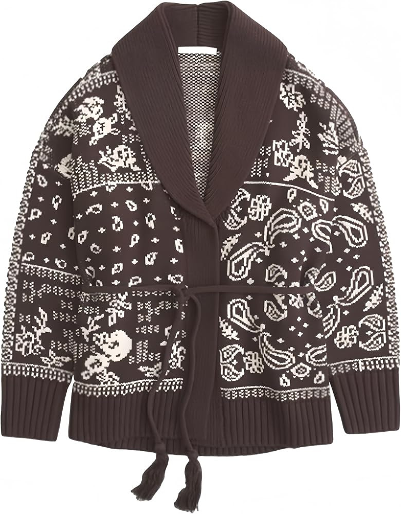 Kumufenc Womens Cardigan Sweaters Fall Trendy Chunky Long Sleeve Printed Casual Belted Cardigan | Amazon (US)