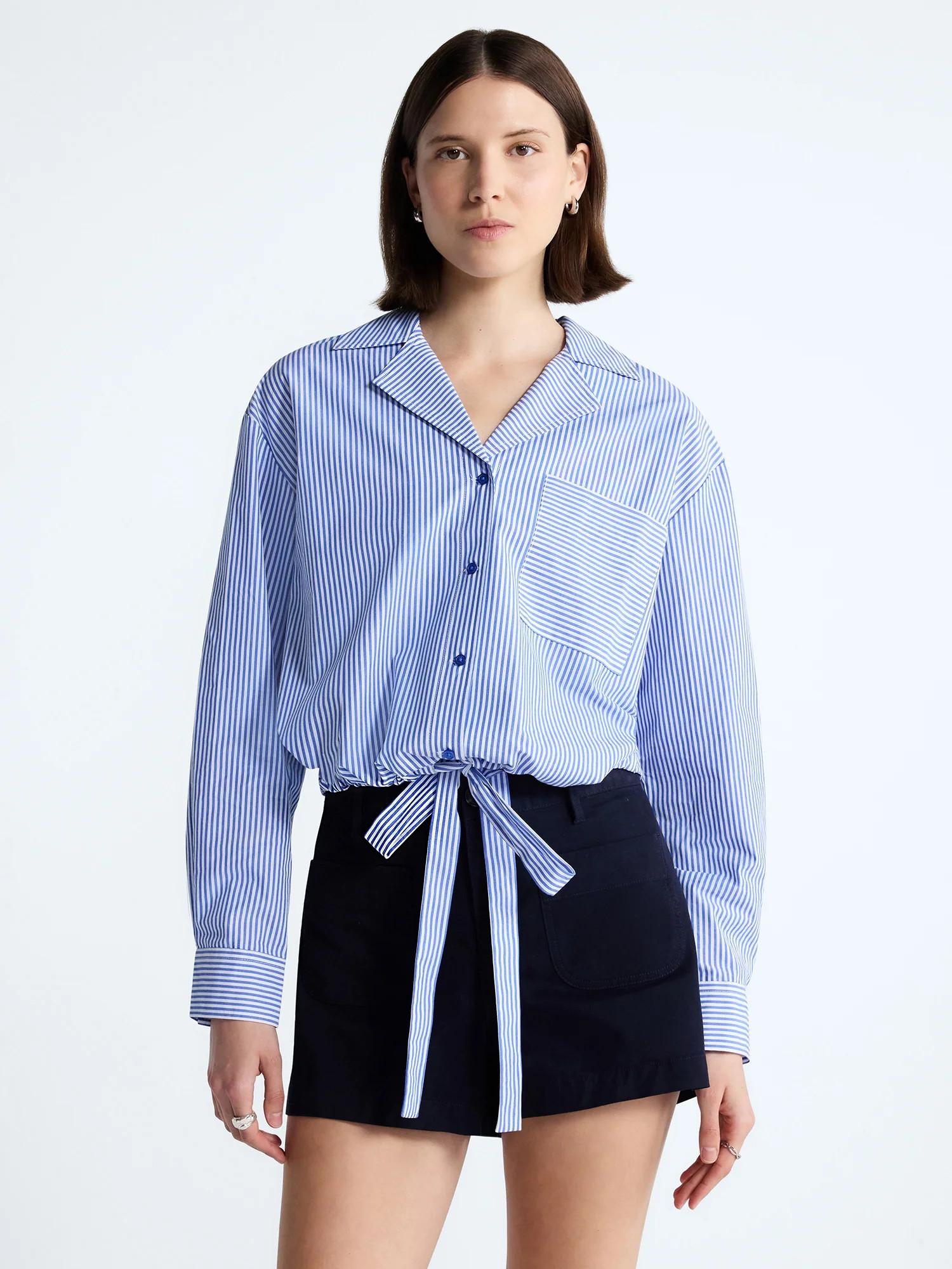 Free Assembly Women's and Women's Plus Cotton Poplin Tie Waist Shirt with Long Sleeves, Sizes XS-... | Walmart (US)