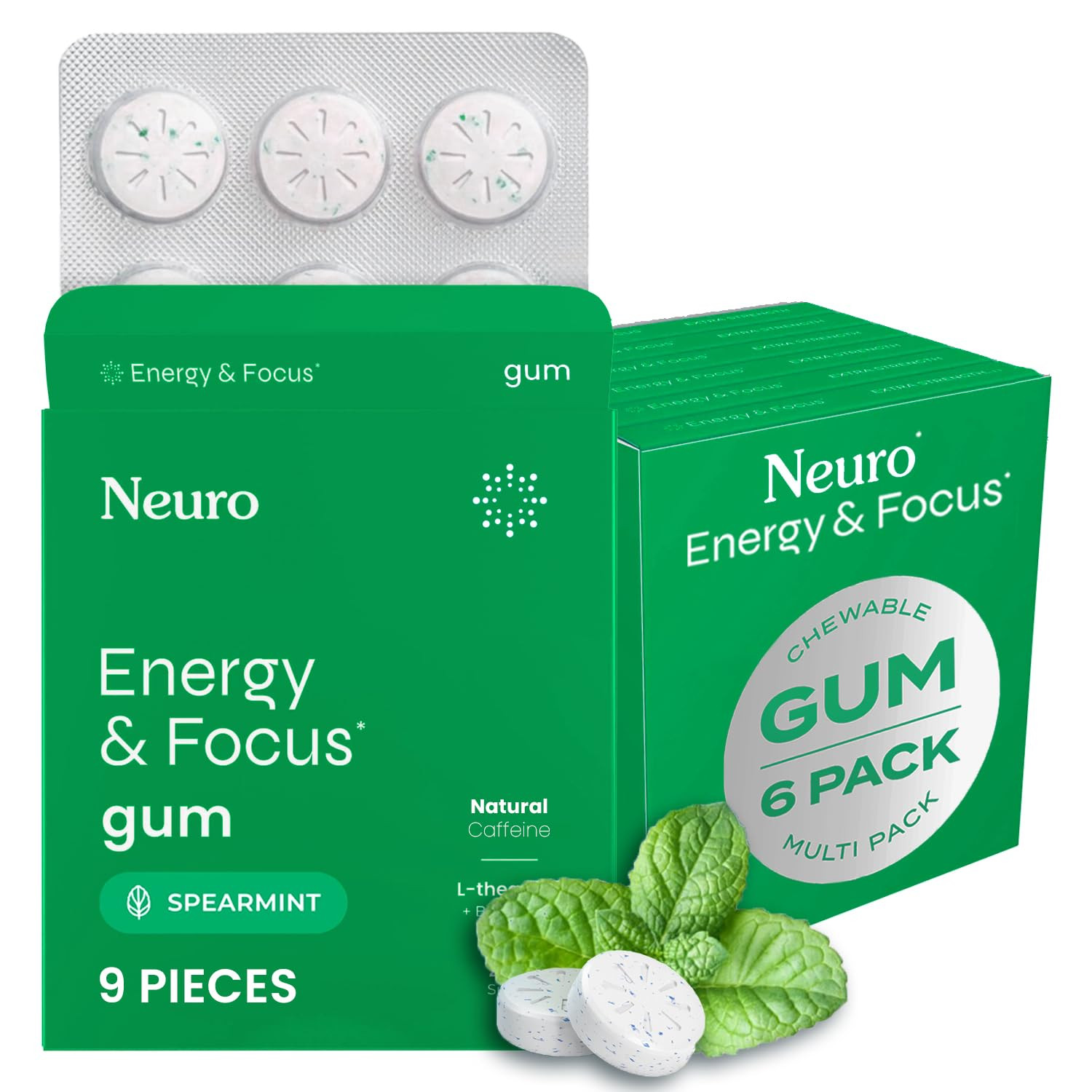 NeuroGum Energy & Focus Gum (54 Count-6 Pack, Spearmint) | 40mg Natural Caffeine + L-Theanine + V... | Amazon (US)