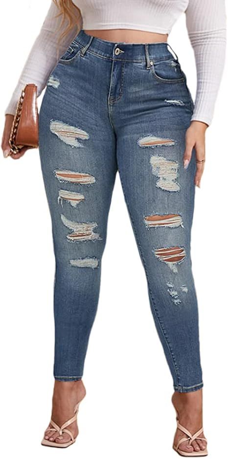 ALLABREVE Women Plus Size Ripped Stretch Skinny Jeans, High Rise Distressed Denim Jegging | Amazon (US)