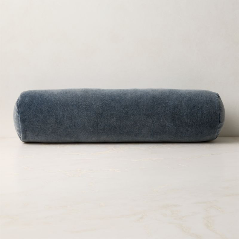 Encino Navy Blue Cotton Stonewashed Velvet Bolster Throw Pillow 24"x6" | CB2