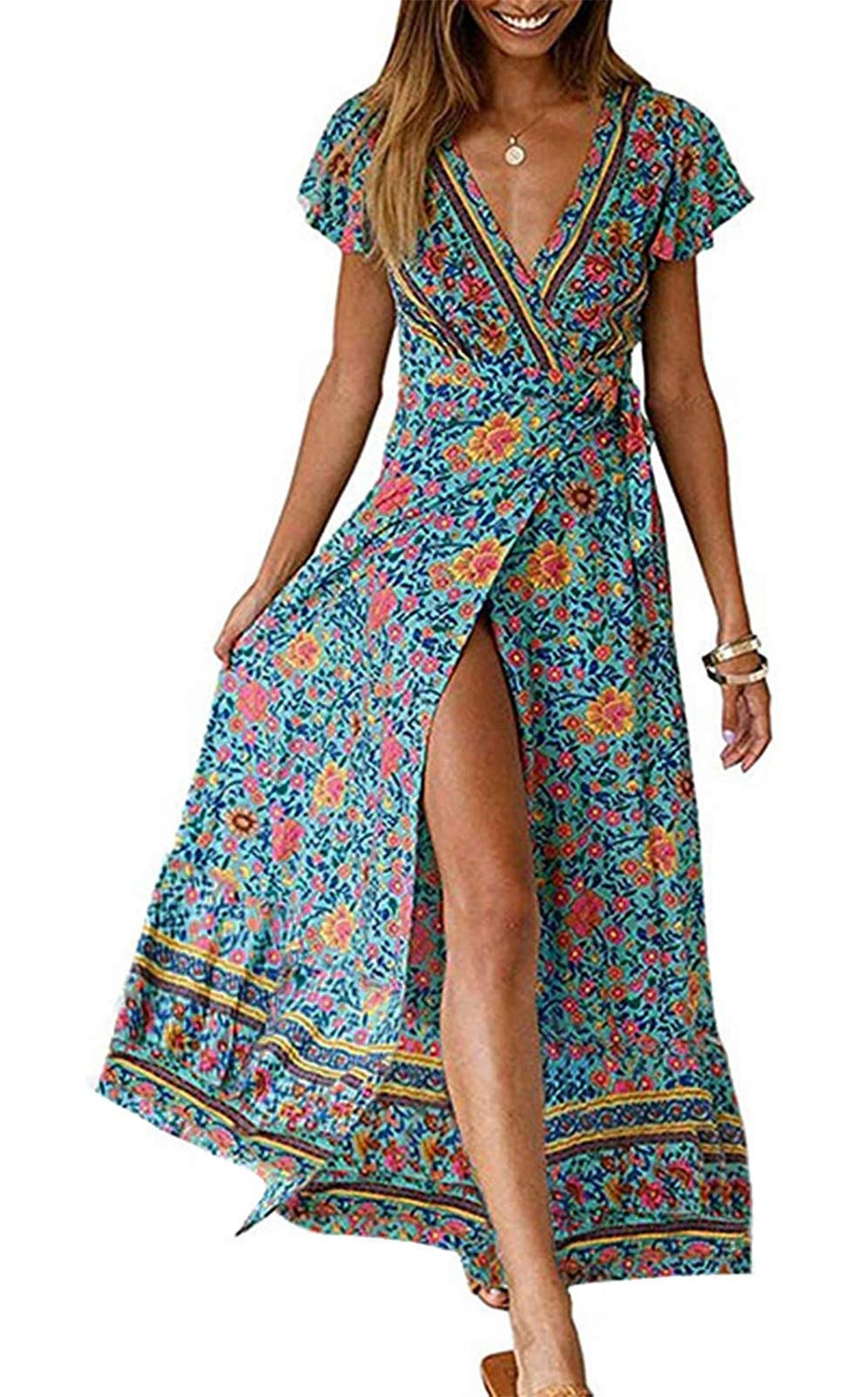 ZESICA Women's Bohemian Floral Printed Wrap V Neck Short Sleeve Split Beach Party Maxi Dress | Amazon (US)