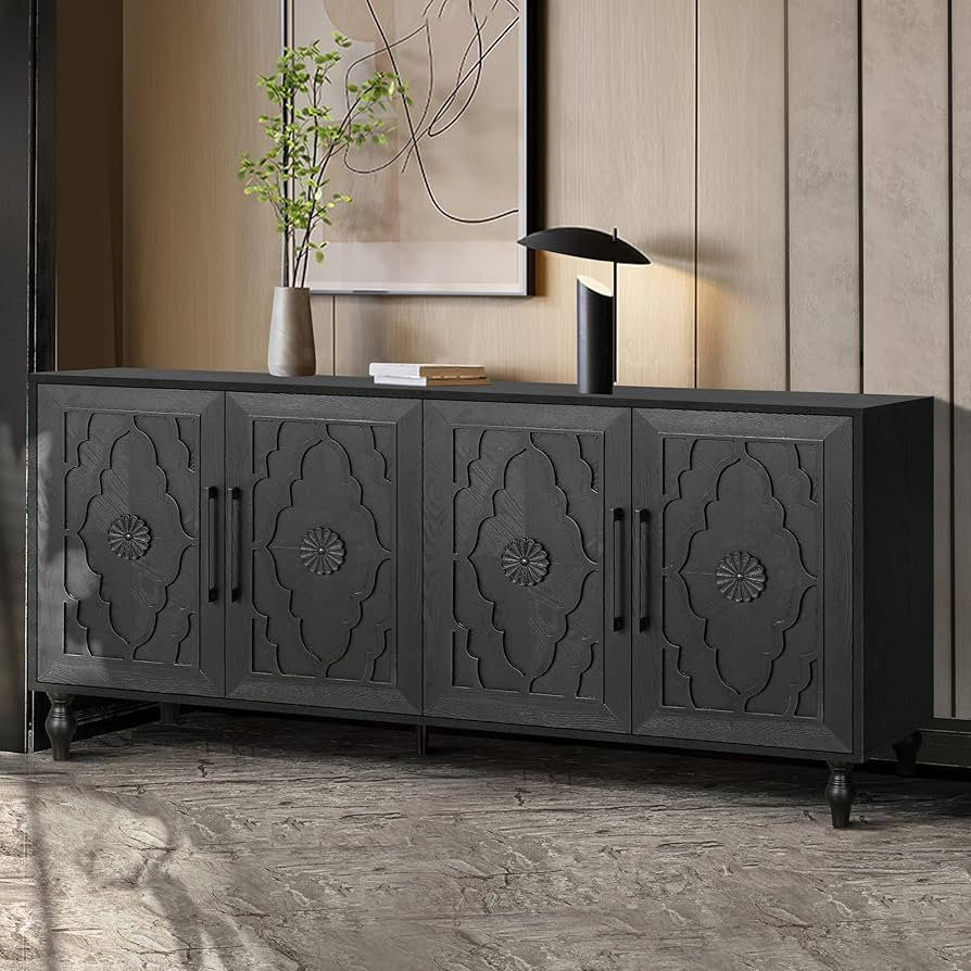 LUMISOL Sideboard Buffet Cabinet, Accent Storage Cabinet with 4 Carved Flower Doors and Metal Han... | Amazon (US)
