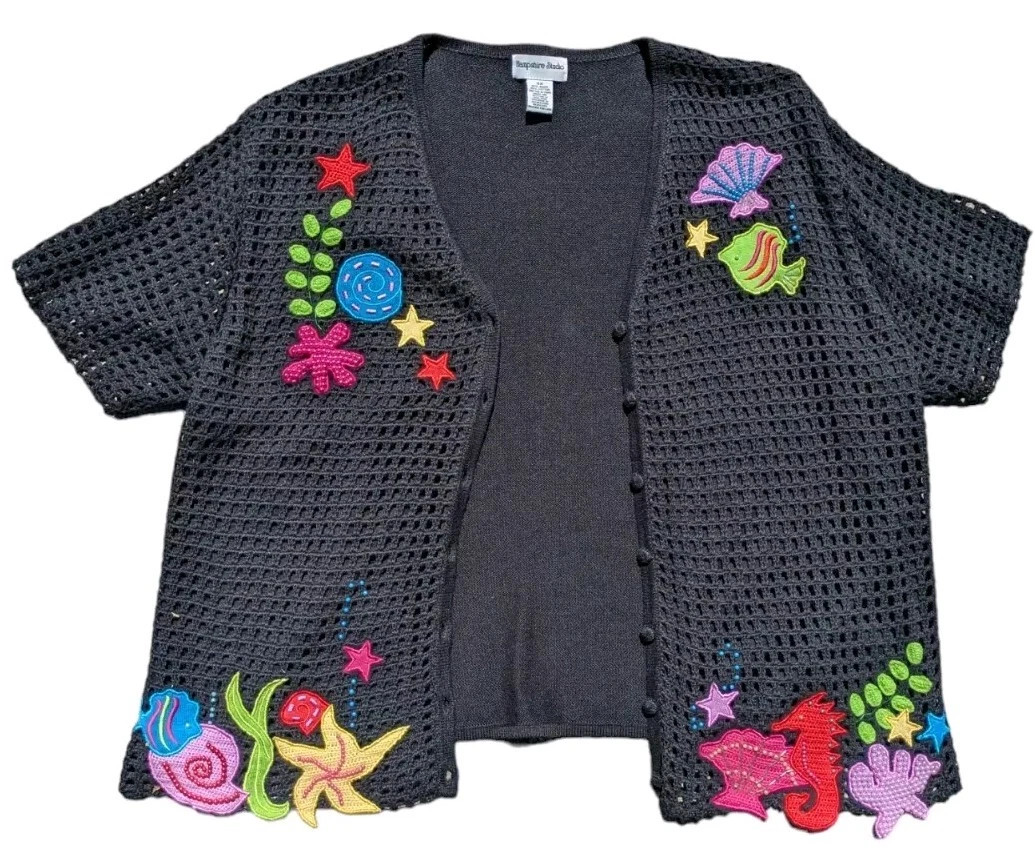 Vintage Hampshire Studio Cardigan 3X Short Sleeve Open Knit Ocean Shell Sea Life | eBay US