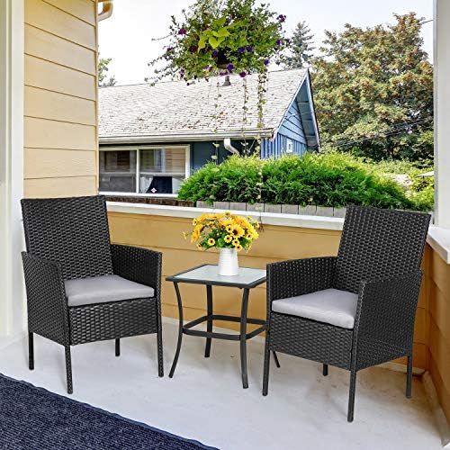 Vongrasig 3-Piece Porch Furniture Sets, Small Outdoor Black Wicker Rattan Patio Bistro Set, Cushi... | Amazon (US)