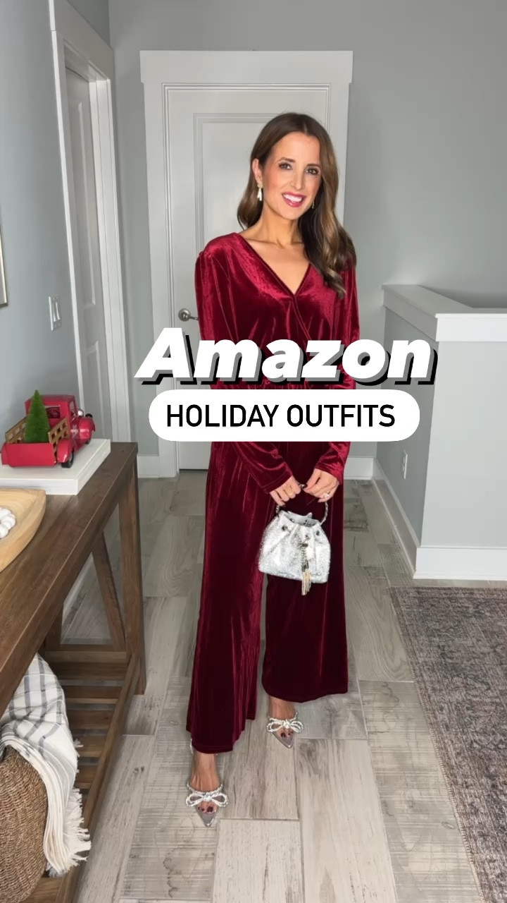 Amazon holiday outfits. Holiday party. Christmas party outfit. Velvet jumpsuit. NYE outfit. Date night outfit. Velvet dress. Party dress. Sparkly jumpsuit. Bow heels are TTS. 

*Wearing smallest size in each. 

#LTKwedding #LTKHoliday #LTKparties