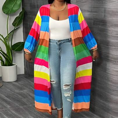 Plus Size Women Rainbow Striped Elastic Print 3/4 Sleeve Loose Cardigan | SHEIN