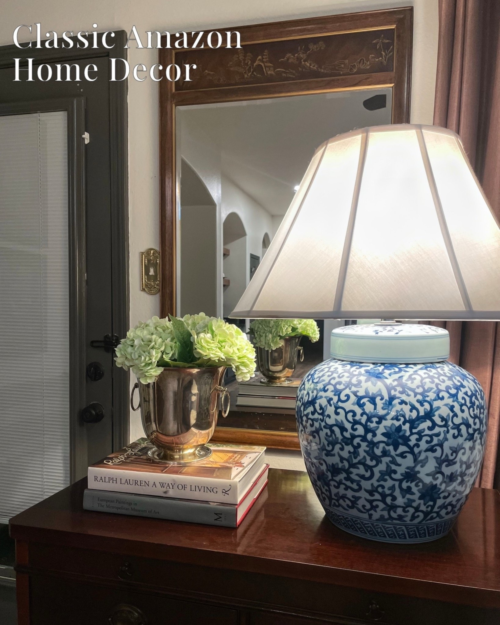 A little corner refresh ✨ Mixing true Ralph Lauren with timeless Amazon finds to create that classic, elevated look:
– Ralph Lauren chinoiserie lamp (mine is from an older collection, tagged a similar Ralph Lauren lamp set + an Amazon similar lamp)
– Brass switch plate (Amazon)
– Faux hydrangeas (Amazon)
– Ralph Lauren: A Way of Living book (Amazon)
- The Metropolitan Museum of Art (Amazon)
– Silver vase/ice bucket dupe (Amazon)

These small details instantly elevate a space — proof that timeless style can be built at any budget 🤍

#LTKStyleTip #LTKHome #LTKFindsUnder50