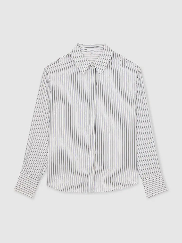 Reiss Blue/Ivory Annika Stripe Concealed-Placket Shirt | Next US