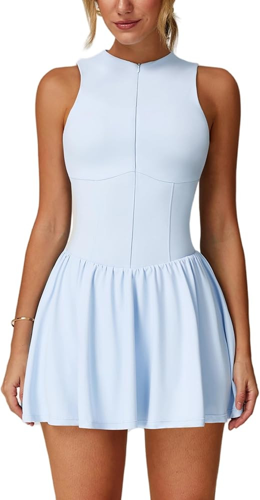 Women Sleeveless Zip Front Tennis Yoga Dresses Slim Fit Summer Built in Shorts Golf Athletic Dres... | Amazon (US)
