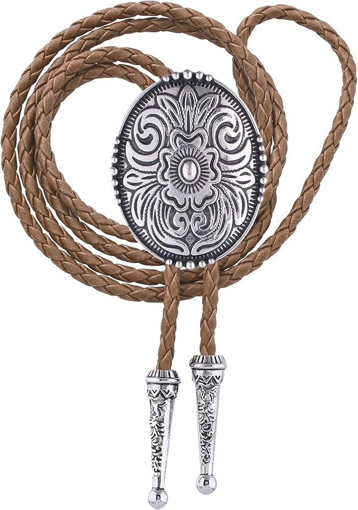 Amazon.com: Jeilwiy Bolo Tie for Men Vintage Silver Floral Cowboy Mens Bolo Ties Western Brown Le... | Amazon (US)