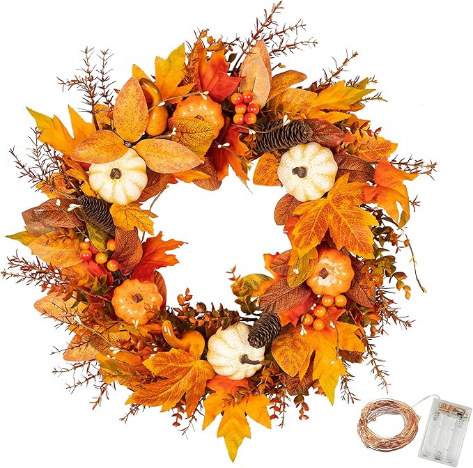 KI Store Fall Wreath with LED Lights and Timer Pumpkin Maple Decor 20-Inch for Harvest Thanksgivi... | Amazon (US)