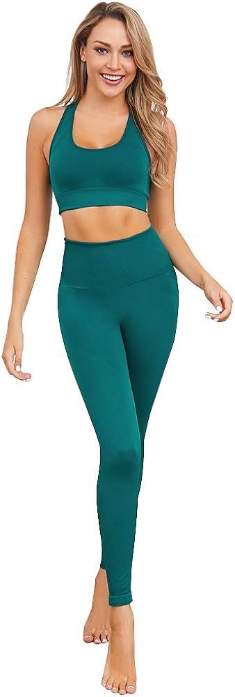 Jetjoy Exercise Outfits for Women 2 Pieces Ribbed Seamless Yoga Outfits Sports Bra and Leggings S... | Amazon (US)
