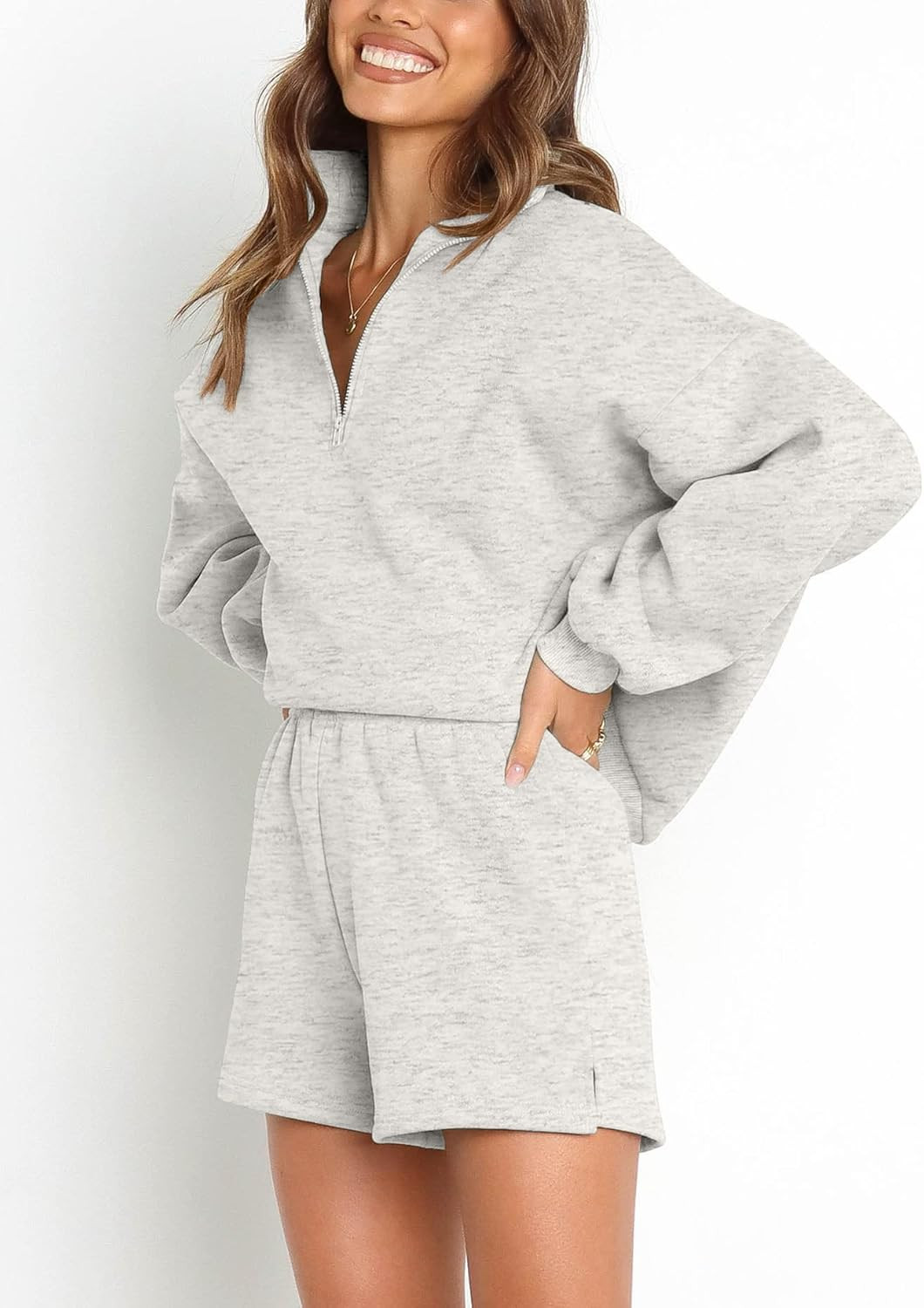 MEROKEETY Women's Oversized 2 Piece Lounge Sets Long Sleeve Zipper Shorts Sweatsuit Outfits with ... | Amazon (US)