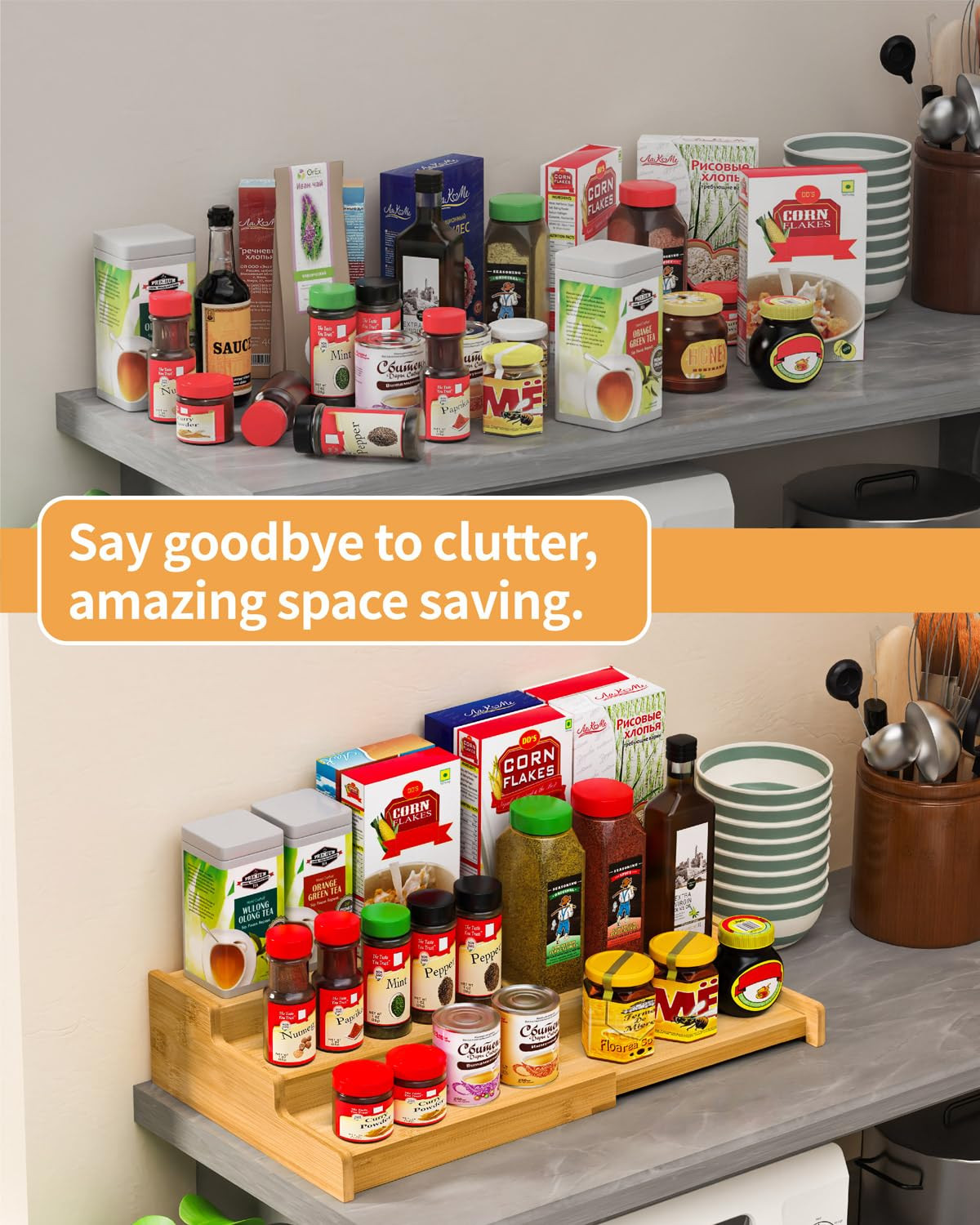 Spice Rack Organizer, 3 Tier Expandable Bamboo Spice Rack Organizer, Great for Kitchen Cabinet, C... | Amazon (US)