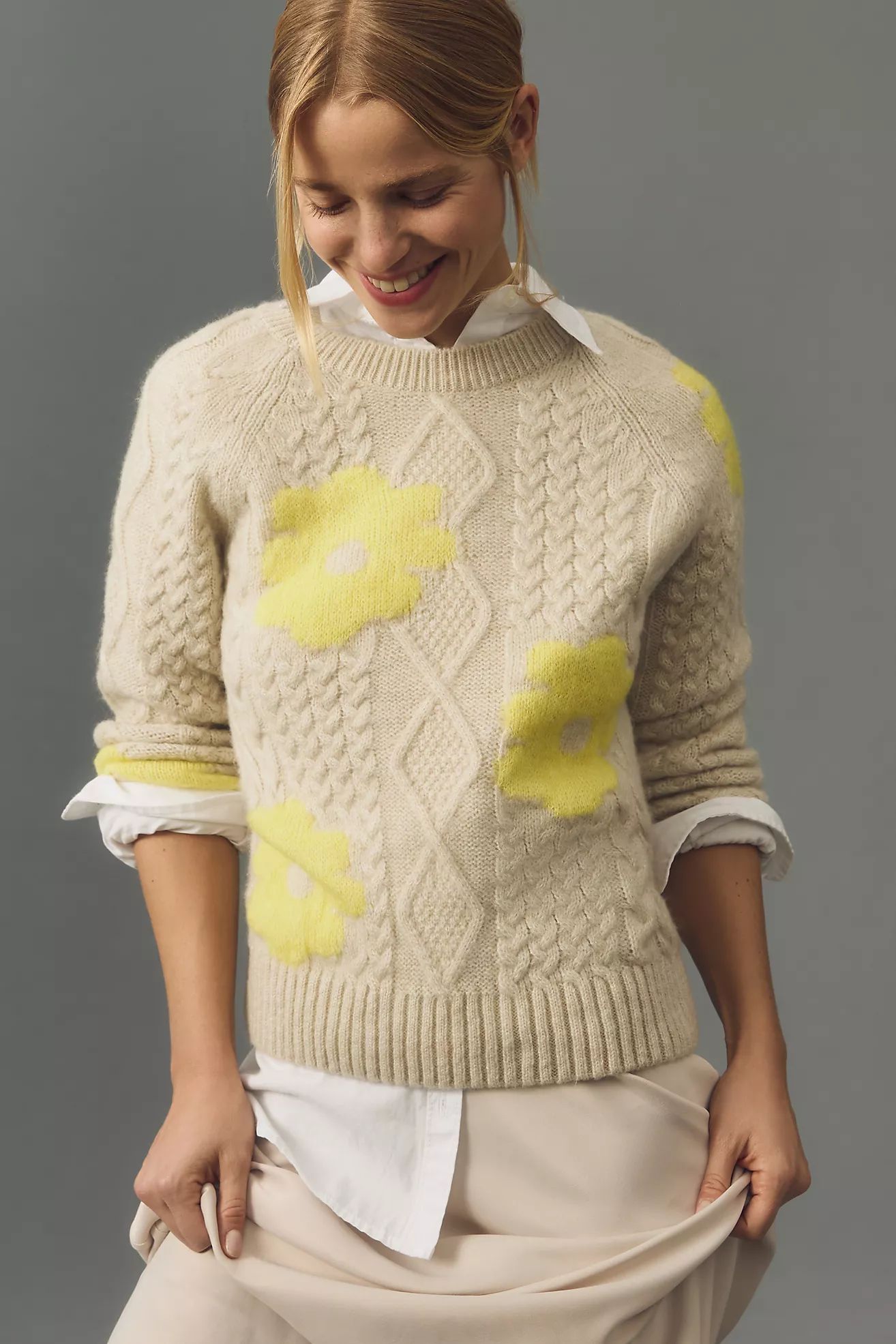 Maeve Cable Floral Pullover Sweater | Anthropologie (US)