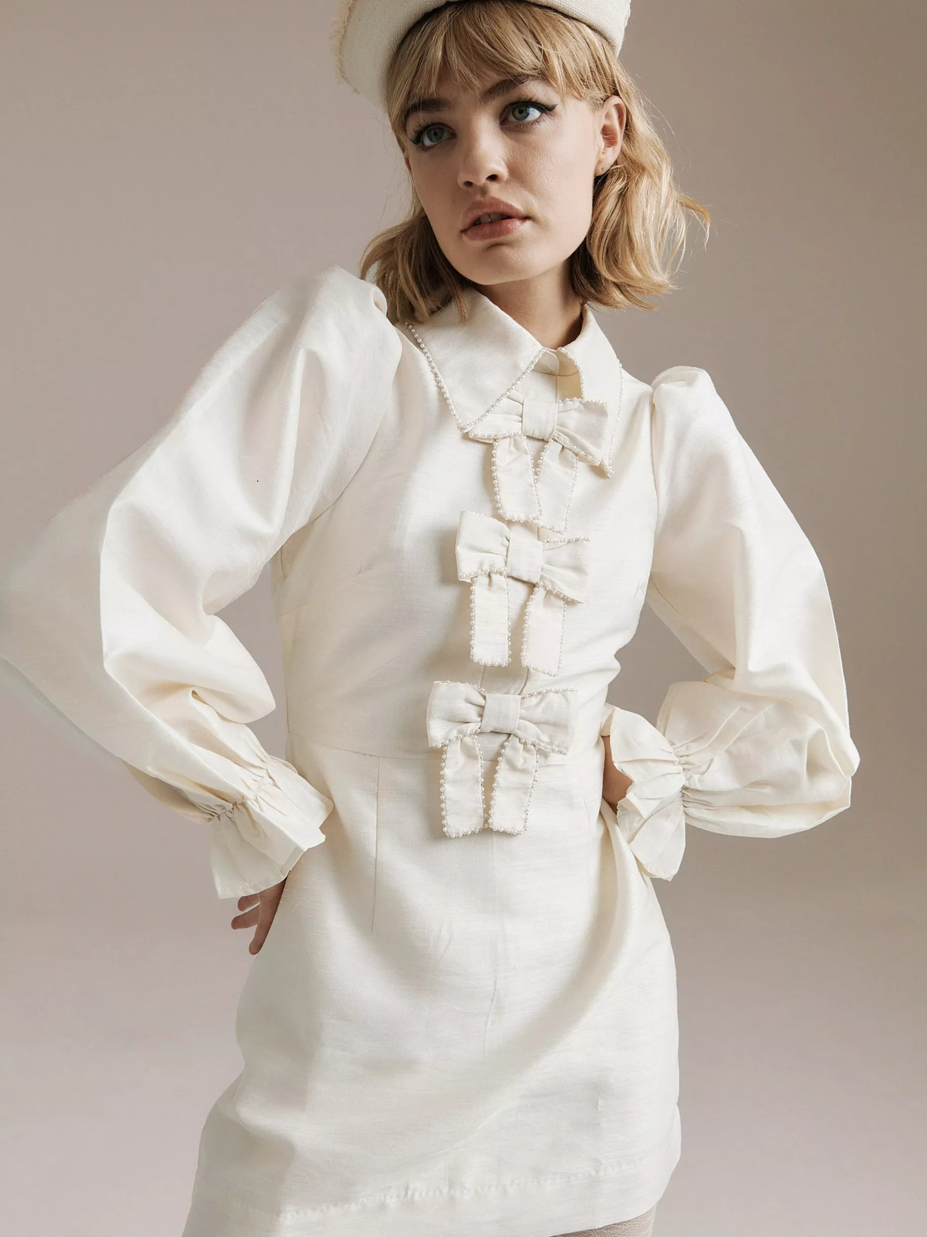 Queens of archive Coco Bows Mini Dress, Cream | John Lewis (UK)