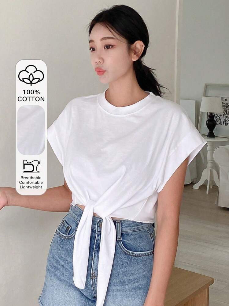 DAZY Solid Knot Hem Tee | SHEIN -vacay | SHEIN