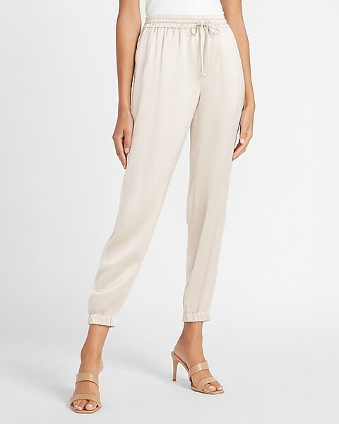 High Waisted Satin Cinched Hem Drawstring Jogger Pant | Express
