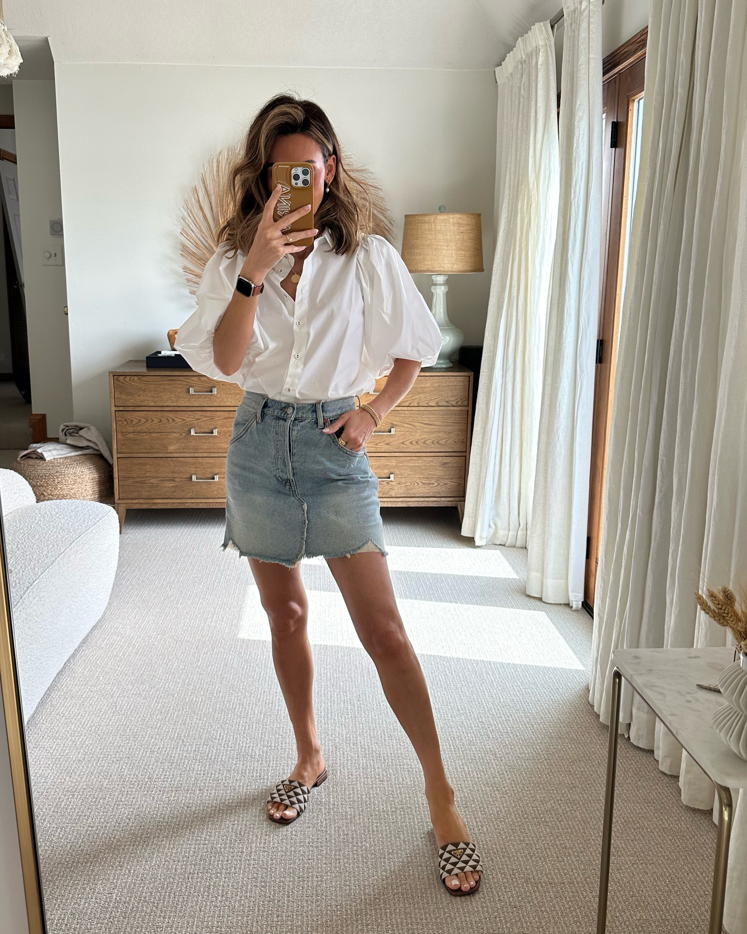 Prada slide sandals have been my go-tos this season. So comfortable and chic. They come in lots of color combinations! I’m love w this white button up shirt with statement puff sleeves. And link denim skirt (similar) 

#LTKstyletip #LTKSeasonal #LTKshoecrush