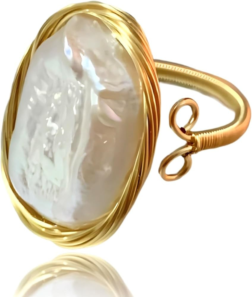 Handcrafted Baroque Pearl Ring Winding Design Opening Adjustable 14k Gold Plated Material,White | Amazon (US)