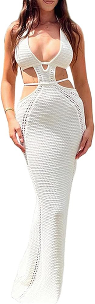 Women Sexy V Neck Bodycon Sweater Dress Knitted Halter Backless Hollow Out Waist Maxi Dress Party... | Amazon (US)