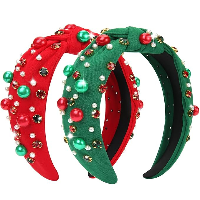 2 Pcs Christmas Headband for Women Pearl Knotted Headband Red Green Pearl Rhinestone Crystal Jewe... | Amazon (US)