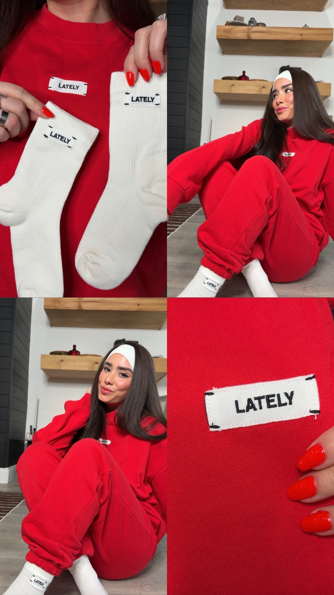 Ordered in: cherry red🍒💌❤️ wearing a small in the joggers + medium in the core crewneck xoxo 

LATELY LOUNGE SET 