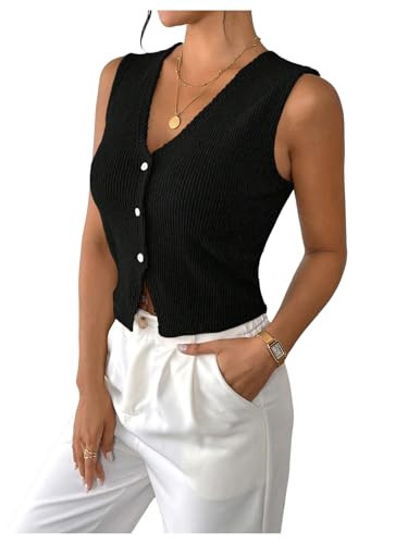Milumia Women's V Neck Sleeveless Button Down Tank Top Ribbed Knit Fitted Vest Top Black Medium | Amazon (US)