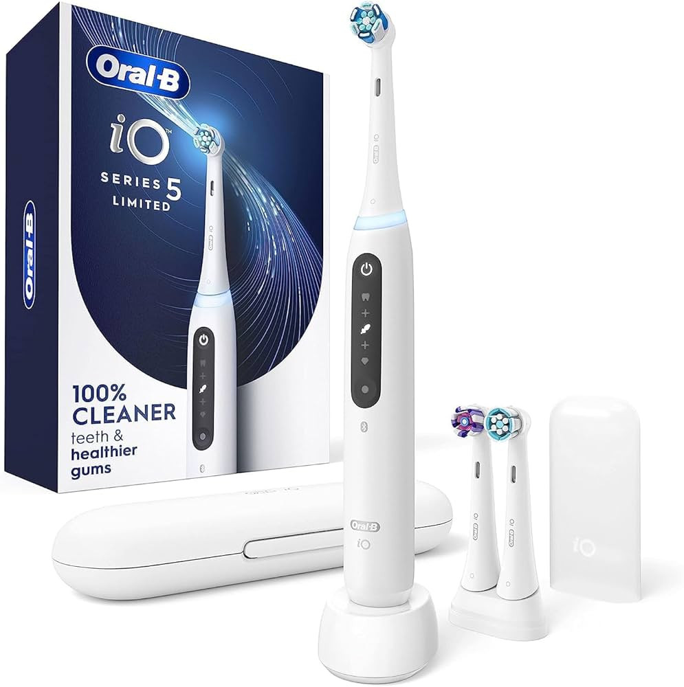 Oral-B iO Deep Clean + Whiten Rechargeable Electric Toothbrush with Visible Pressure Sensor, 2 Minute Timer, 5 Cleaning Settings, 1 iO5 Limited, 3 Toothbrush Heads, Travel Case & Refill Holder, White | Amazon (US)