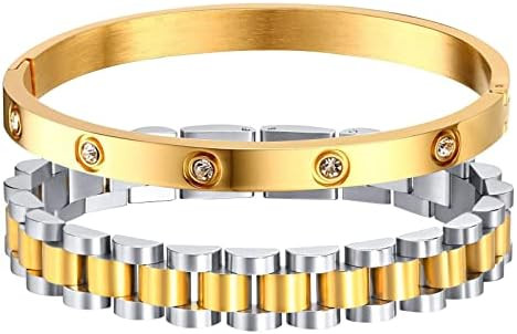 MPRAINBOW 2pcs 18K Gold Plated Chain Link Bracelet, Stainless Steel Crystal Friendship Bracelets ... | Amazon (US)