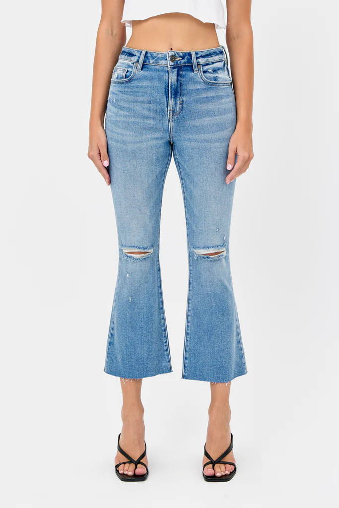 [HAPPI] Medium Light Distressed Cropped Flare | Hidden Jeans