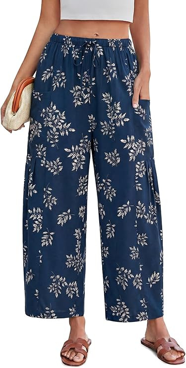 Yousify Womens Wide Leg Pants High Waisted Drawstring Floral Pants Summer Casual Beach Trousers w... | Amazon (US)