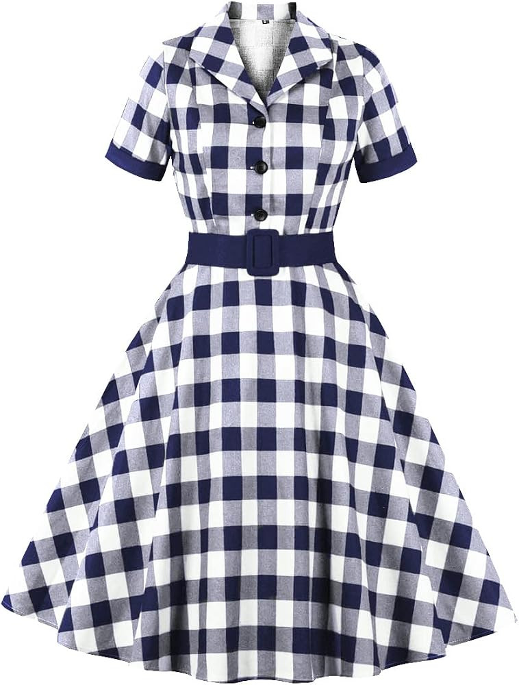 Women Notched Lapel Collar 50s 60s Vintage Plaid Short Sleeve V-Neck Cocktail Swing Dress Retro 1... | Amazon (US)