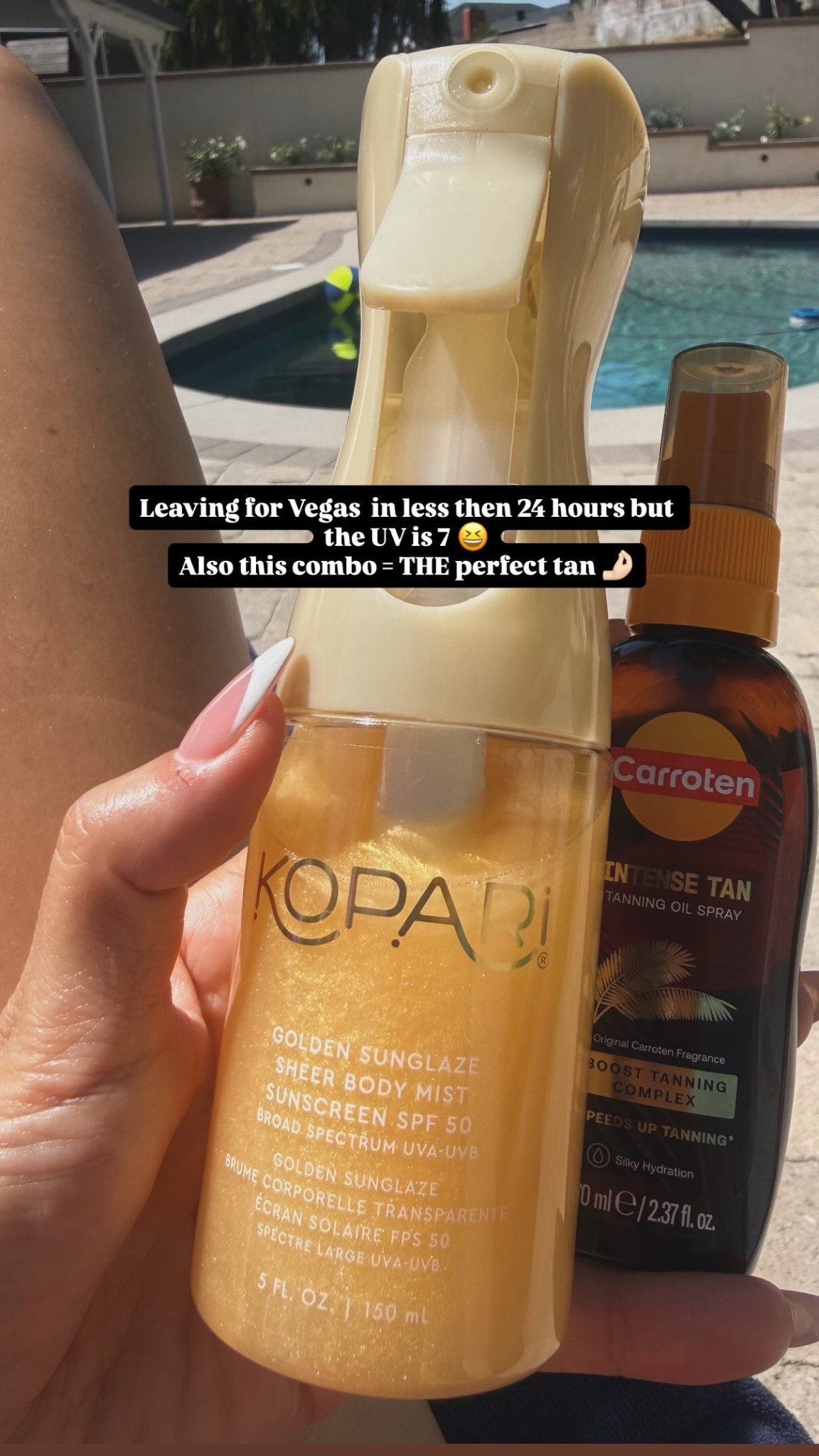 Leaving for Vegas  in less then 24 hours but the UV is 7 😆
Also this combo = THE perfect tan 🤌🏻