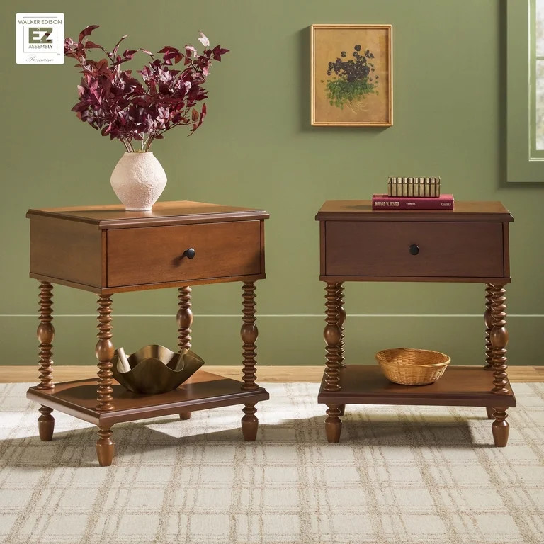 Vivienne Walker Edison Easy Assembly Solid Wood Spindle 1-Drawer Nightstand, Set of 2 - Dark Brow... | Walmart (US)