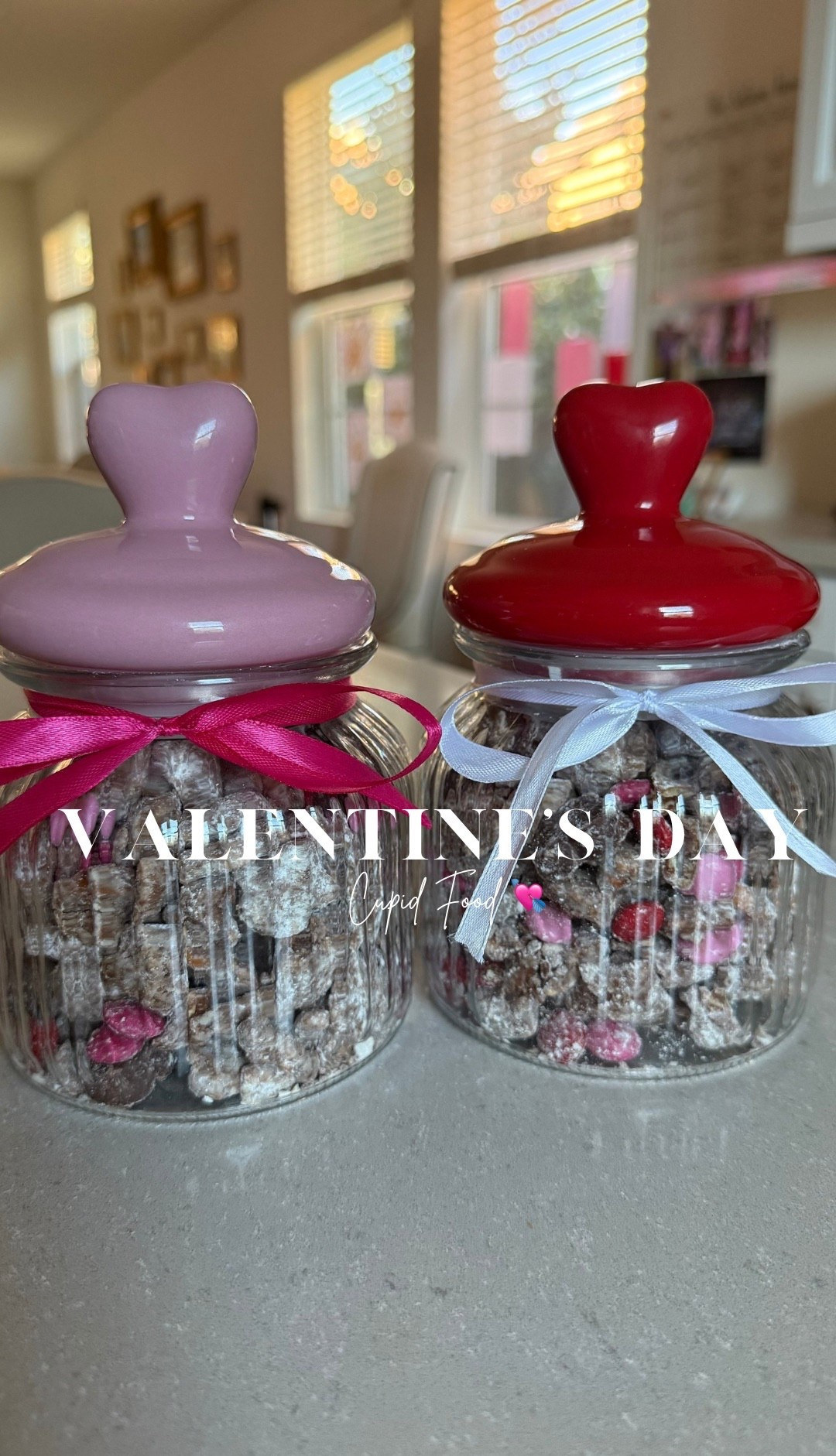 The reindeer food was such a hit, I put a little twist on it and we have cupid’s food 💘 Put it in a fancy little jar and makes a perfect gift 🎁 

Recipe
• 1 ½ cups semisweet or dark chocolate chips
• 1 ½ cups creamy peanut butter
• 5 cups Rice Chex Cereal
• 1 ½ cups mini pretzels broken into pieces
• 2 cups powdered sugar
• 1 ½ cups of pink & red M&Ms
• 1 cup mini heart shaped peanut butter cups

In a large bowl, combine rice Chex cereal and pretzel pieces.
Melt peanut butter and chocolate together, either on the stovetop or in the microwave.
Pour peanut butter chocolate mixture over cereal/pretzel mixture and stir to combine.
Chill in the refrigerator until the mixture just barely begins to set up (about 30 minutes).
Remove the mixture from the refrigerator.
In a separate, large bowl, put ½ cup powdered sugar on the bottom of the bowl. Add half of the chilled mixture, then add another ½ cup powdered sugar over the cereal and the remaining chocolate/cereal mixture.
Gently stir until the powdered sugar is evenly distributed, tossing to coat the cereal with powdered sugar.
Chill the mixture again in the refrigerator until it’s set (about another 30-60 minutes).
Add more powdered sugar, ¼ cup at a time until the cereal/pretzel mixture is coated.
Add M&Ms and peanut butter cups and stir to combine.
Transfer to a serving bowl and serve.

Amazon, Target, Valentines Day treat, Valentines Day gift, Valentines day party, reindeer food, Cupid’s food, seasonal treat, kids snack

#LTKfoodie #LTKmomlife #LTKValentine