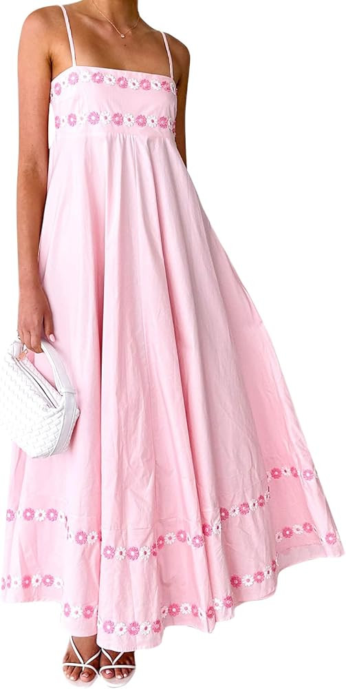 Women Y2k Boho Cami Long Dress Spaghetti Strap Floral Maxi Dresses Summer 3D Flower Beach Vacatio... | Amazon (US)