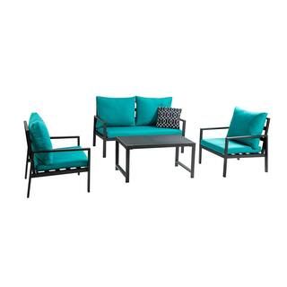 4-Pieces Aluminum Outdoor Sofa Sectional Set with Teal Cushions BYY429-2 | The Home Depot