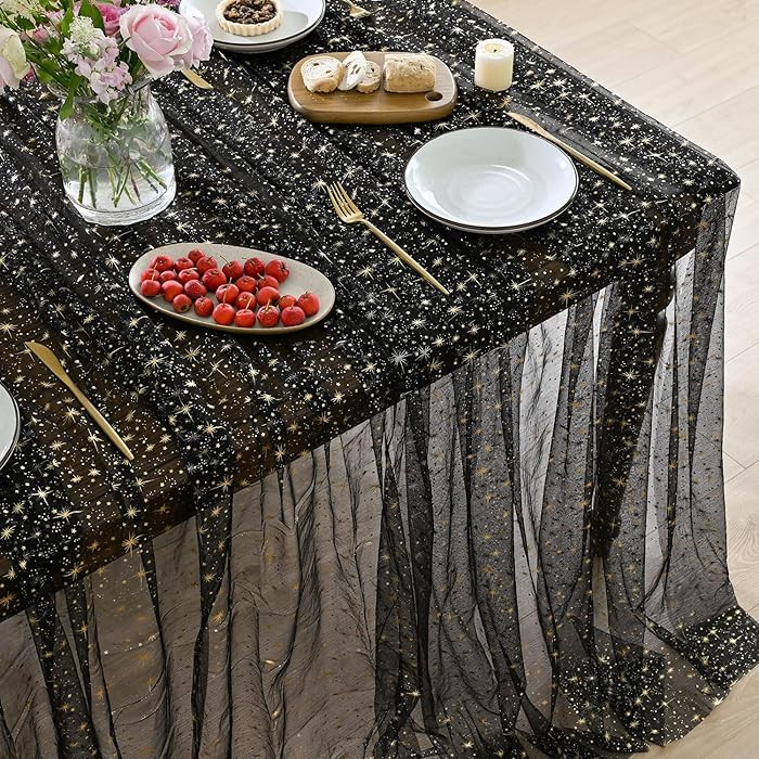 Horaldaily Black Gold Sparkling Star Gauze Tablecloth 60x84 Inch Rectangular, Golden Star Sequin ... | Amazon (US)