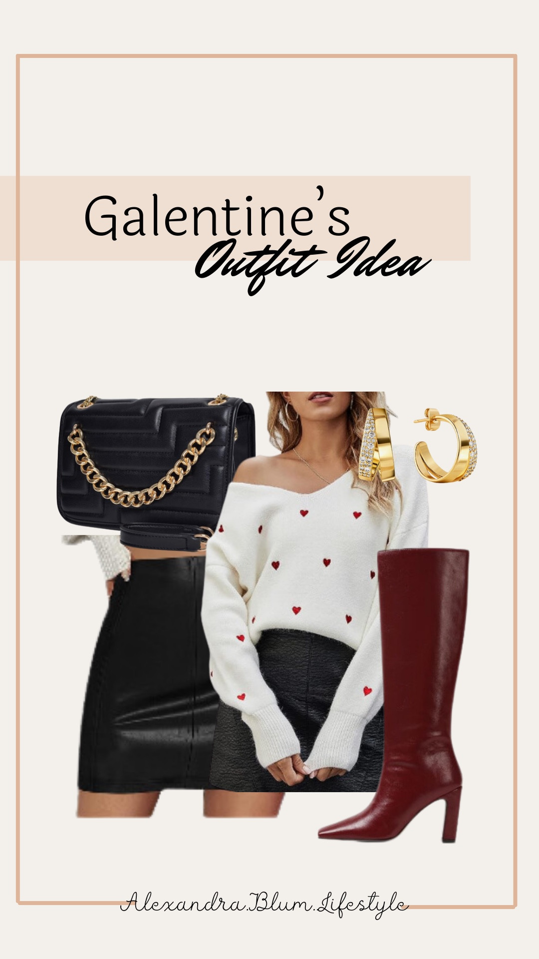 Galentine’s day outfit idea from Amazon! Valentine’s Day outfit! Date night idea! White sweater with little red hearts, black skirt, red boots, black handbag, and gold hoop earrings! 

#LTKItBag #LTKFindsUnder50 #LTKShoeCrush