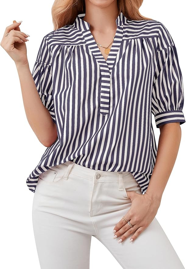 Womens Short Puff Sleeve Striped Blouses Top V Neck Loose Fit Casual Summer Work Blouses Striped ... | Amazon (US)
