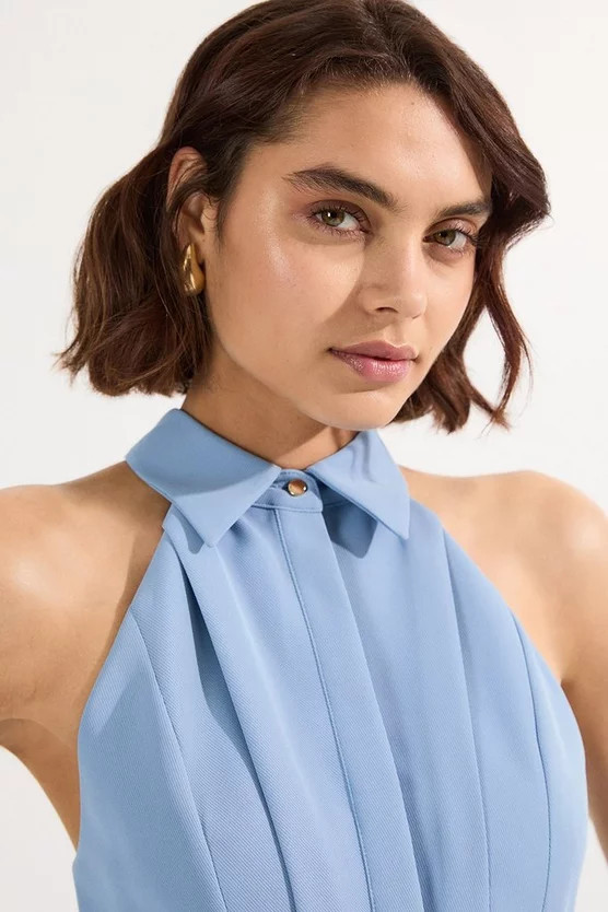 Twill Contrast Collar Woven Halter Neck Midi Dress | Karen Millen UK + IE + DE + NL