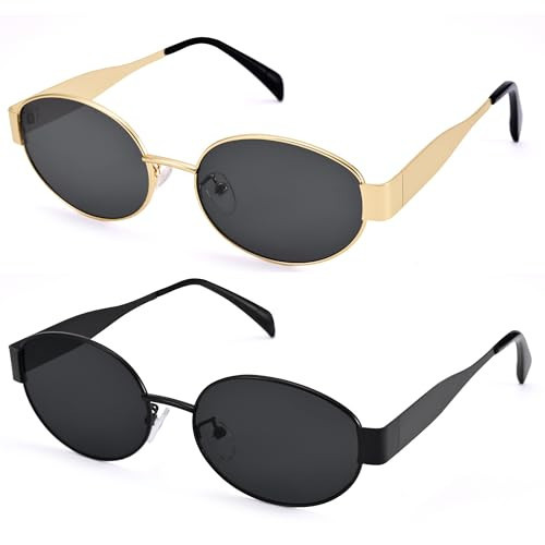 DIMENSIP Retro Oval Sunglasses for Women Men - Trendy Gold Sun Glasses - Fashion Metal Frame Shades(Gold/Grey + Black/Grey) | Amazon (US)
